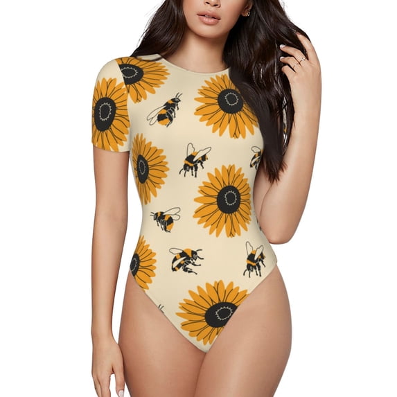 Fotbe Sunflowers And Bee Women's Crew Neck Short Sleeves Bodysuit Tops Round Neck Slim Sleeveless Soft Comfortable Basic-Large
