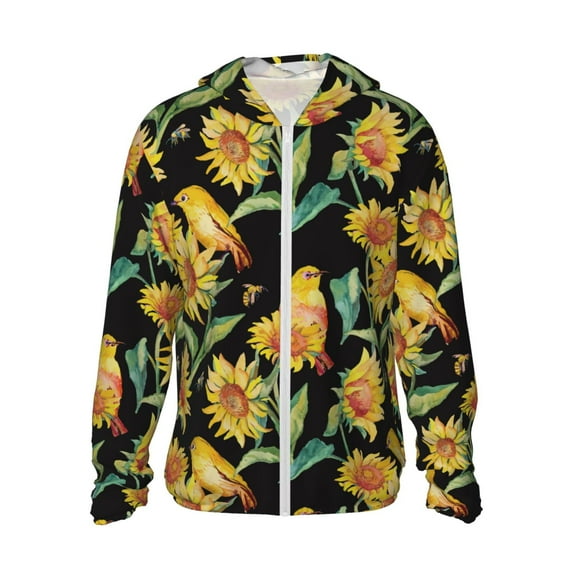 Fotbe Sunflowers And Bird Men's Women's UPF 50+ Sun Protection Jacket Hooded Cooling Shirt with Pockets Hiking Outdoor Performance-Medium