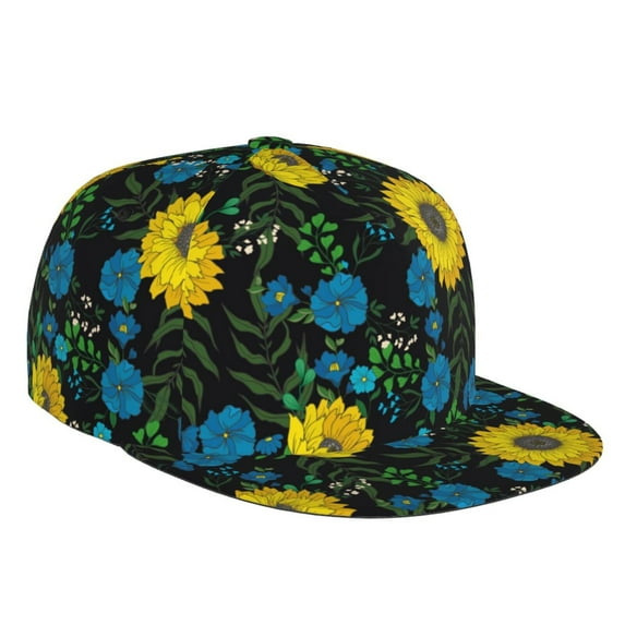 Fotbe Sunflowers And Blue Flower Flat Bill Visor Cap Classic Snapback Hat Polyester Foam Trucker Hat Trucker Cap Adjustable Baseball Cap