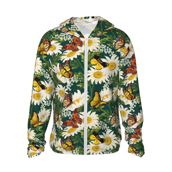 Fotbe Sunflowers And Butterflies Men's Women's UPF 50+ Sun Protection Jacket Hooded Cooling Shirt with Pockets Hiking Outdoor Performance-3X-Large