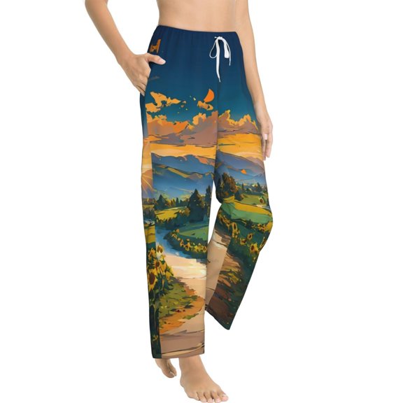 Fotbe Sunflowers At Sunset Women's Pajama Pants,Sleepwear Pants,Pj Bottoms Drawstring And Pockets-Small