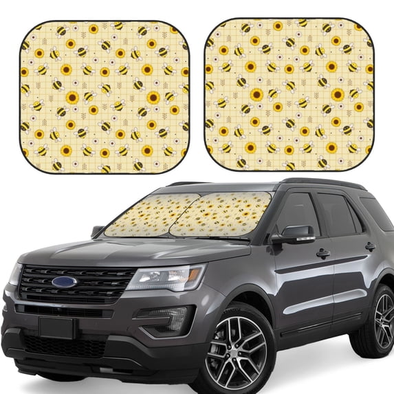 Fotbe Sunflowers Bee 2-Piece Car Windshield Sun Shade | Sun Blocker for Car Windshield | Foldable Automotive Interior Accessories for Sun Protection-Large
