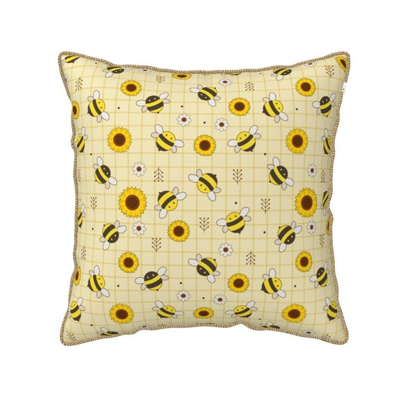 Fotbe Sunflowers Bee Pattern Velvet Decorative Throw Pillow Covers with Elegant Piping, Soft Plush Cushion Cover for Sofa, Bed, Car, Office-20"x20"