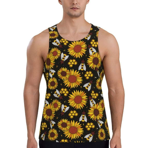 Fotbe Sunflowers And Bww Pattern Men's Quick Dry Workout Tank Top Gym Muscle Tee Fitness Bodybuilding Sleeveless T Shirt Breathable Workout Shirt-Large