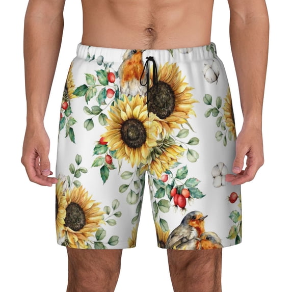 Fotbe Sunflowers Leaves And Birds Men’s Swim Trunks Quick Dry Swim Shorts Board Shorts with Mesh Lining-Medium