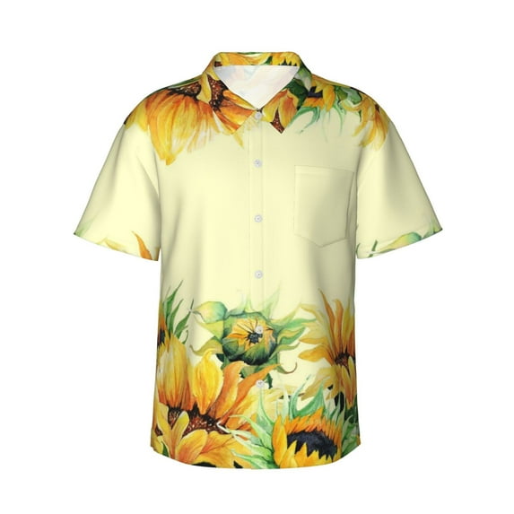 Fotbe Sunflowers On A Yellow Background Hawaiian Shirt For Men Unisex Summer Beach Casual Short Sleeve Cotton Linen Button Down Shirts-Large