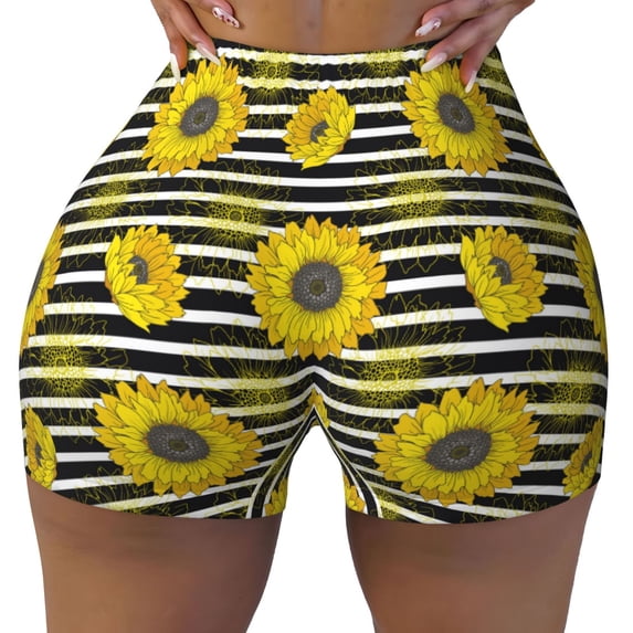 Fotbe Sunflowers On Black And White Stripes Seamless Shorts, Womens Workout Shorts High Waist Stretch Booty Short for Gym/Yoga/Running/Biking-XX-Large