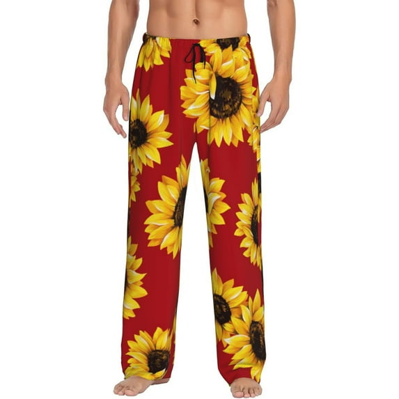 Fotbe Sunflowers On Red Men's Pajama Pants,Sleepwear Pants,Pj Bottoms Drawstring And Pockets-XX-Large