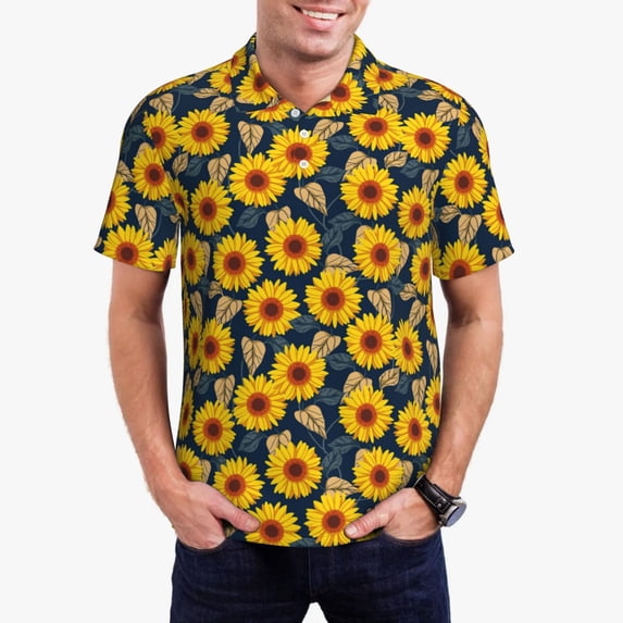 Fotbe Sunflowers Pattern Men’s Golf Polo Shirt – Breathable Performance Golf Shirt with Button-Down Collar-X-Large