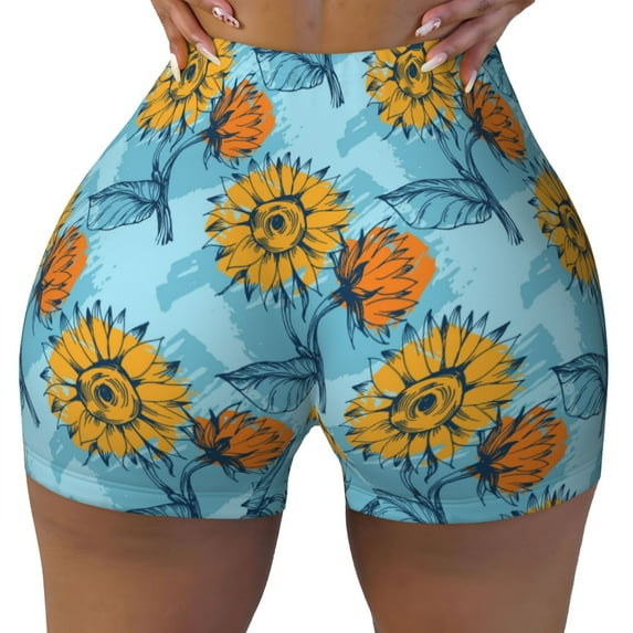 Fotbe Sunflowers Seamless Shorts, Womens Workout Shorts High Waist Stretch Booty Short for Gym/Yoga/Running/Biking-Large