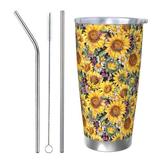 Fotbe Sunflowers Vintage Pattern 20 oz Tumbler Stainless Steel Vacuum Insulated Coffee Ice Cup Double Wall Travel Flask Leak-proof Coffee Cup-Straw Three-piece Set