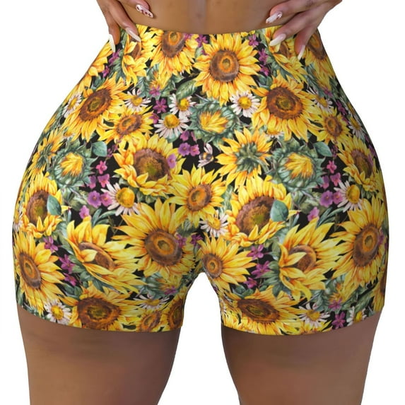 Fotbe Sunflowers Vintage Seamless Shorts, Womens Workout Shorts High Waist Stretch Booty Short for Gym/Yoga/Running/Biking-Large
