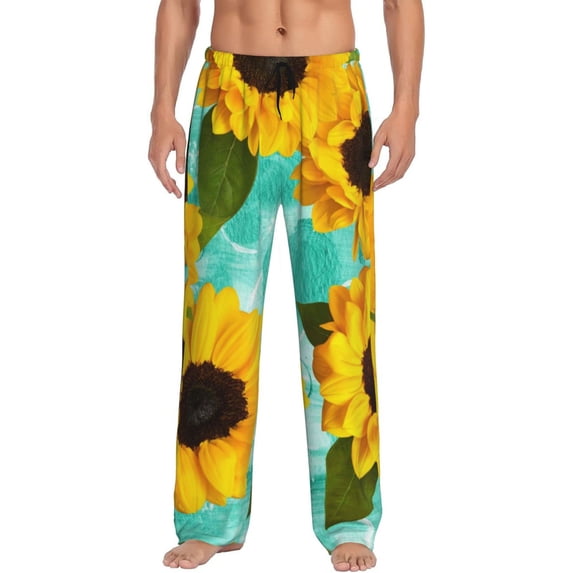 Fotbe Sunflowers With Green Leaves Men's Pajama Pants,Sleepwear Pants,Pj Bottoms Drawstring And Pockets-X-Large