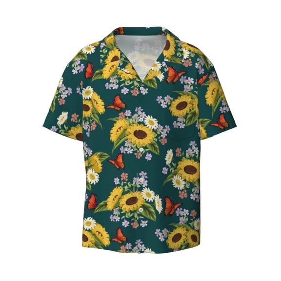 Fotbe Sunflowers print Short Sleeve Button Down Shirts for Men Casual Summer Beach Wrinkle Free Shirt-Small