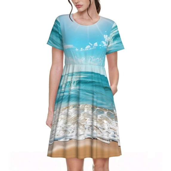 Fotbe Sunny Ocean Waves Pattern Dress Casual Womens Fashion Short Sleeve Maxi Dress T Shirt Dress Striped Long Color Block Maxi Dress