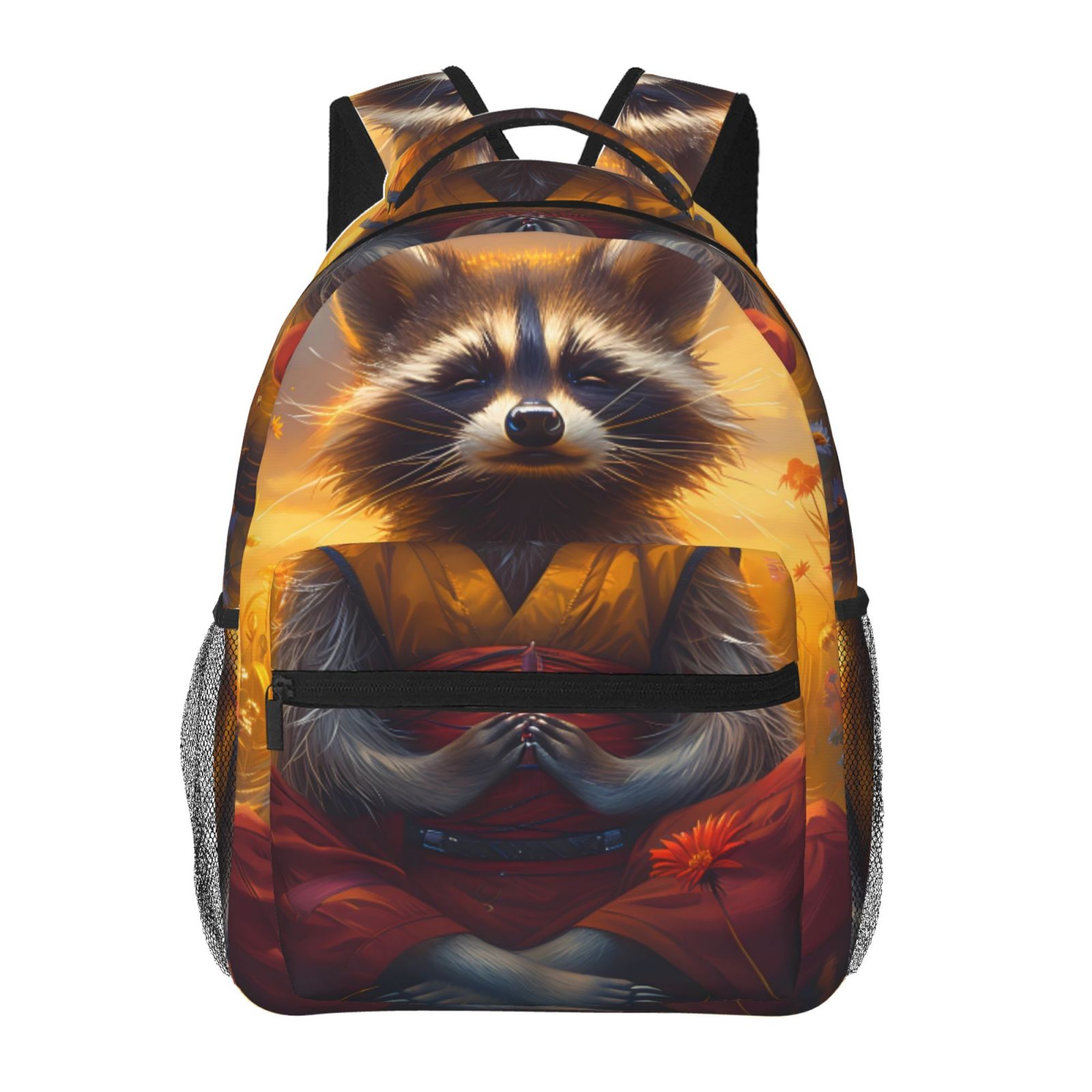 Rockef Racoon Backpack Fotbe Sunset Flower Meditating Raccoon Pattern Casual Backpack for ...