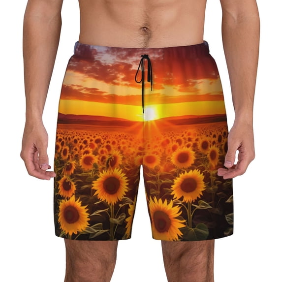 Fotbe Sunset Golden Sunflower Field Men’s Swim Trunks Quick Dry Swim Shorts Board Shorts with Mesh Lining-Small