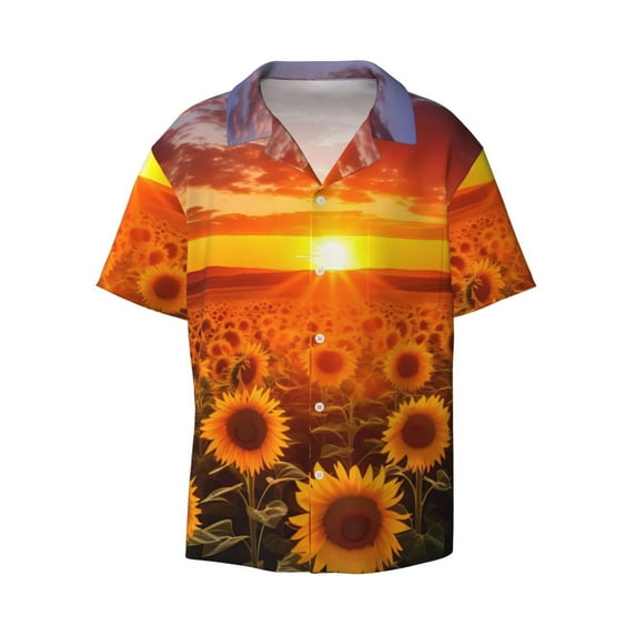 Fotbe Sunset Golden Sunflower Field print Short Sleeve Button Down Shirts for Men Casual Summer Beach Wrinkle Free Shirt-XX-Large