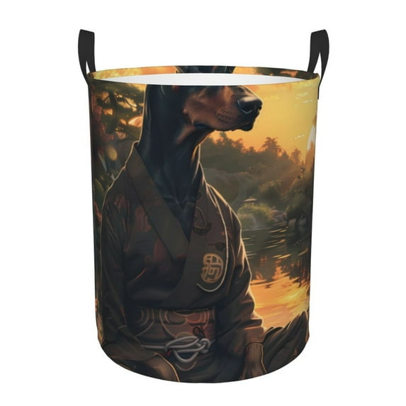 Fotbe Sunset Meditating Doberman Laundry Basket with Handles, Waterproof Large Laundry Hamper, Wash Bag for Corner Dorm, Rolling Laundry Basket with Handles-Medium