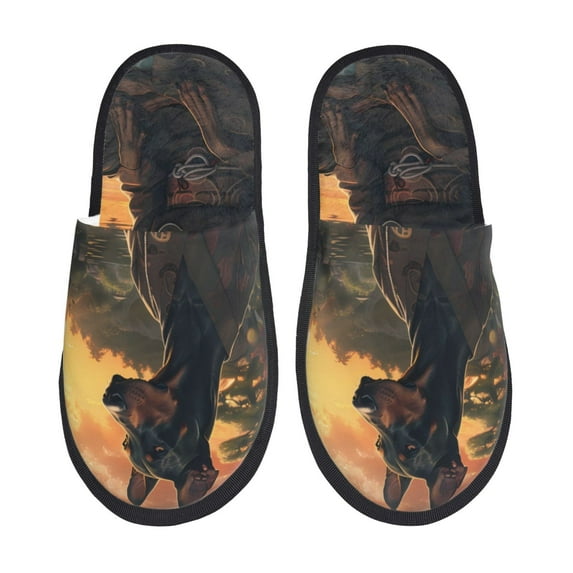 Fotbe Sunset Meditating Doberman Pattern Women's Fuzzy Slippers Plush Slippers Fluffy Winter House Shoes Indoor and Outdoor-Medium