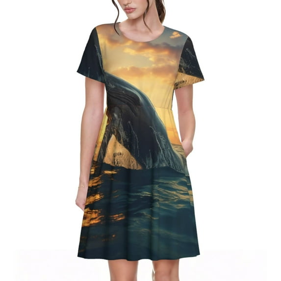 Fotbe Sunset Ocean Whale Pattern Dress Casual Womens Fashion Short Sleeve Maxi Dress T Shirt Dress Striped Long Color Block Maxi Dress