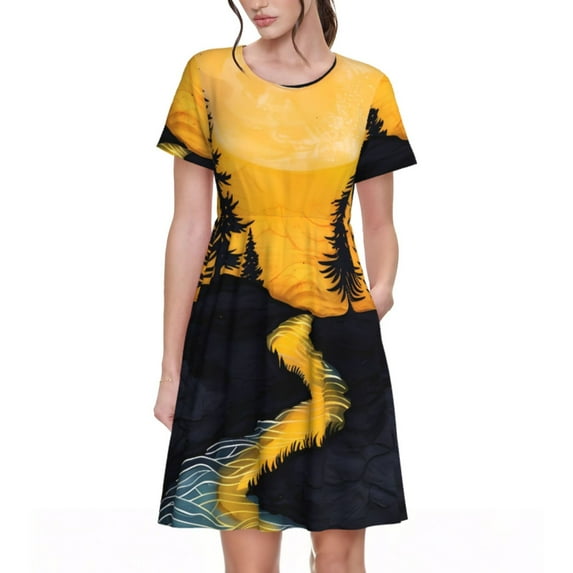 Fotbe Sunset River Pine Trees Pattern Dress Casual Womens Fashion Short Sleeve Maxi Dress T Shirt Dress Striped Long Color Block Maxi Dress