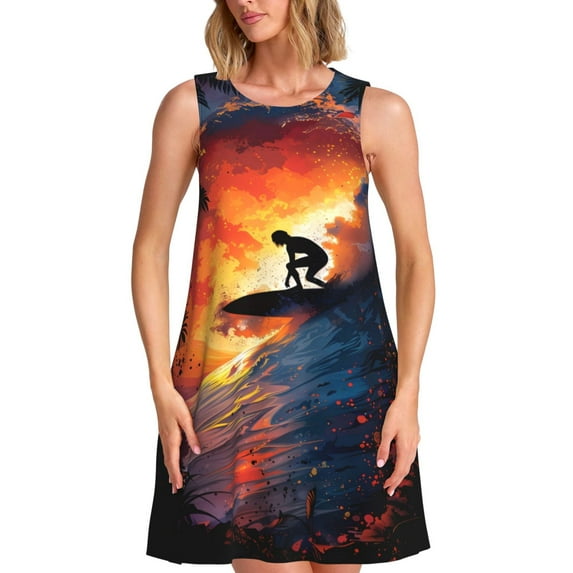 Fotbe Sunset Surfing Silhouette Pattern Women’s Summer Tank Midi Dress – Sleeveless A-Line Dress, Floral T-Shirt Dress, Casual Flowing Beach Sundress