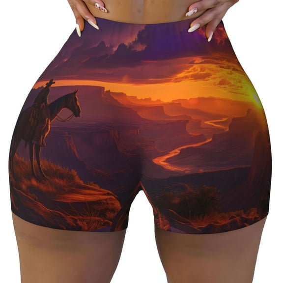 Fotbe Sunset Valley Western Cowboy Seamless Shorts, Womens Workout Shorts High Waist Stretch Booty Short for Gym/Yoga/Running/Biking-Medium