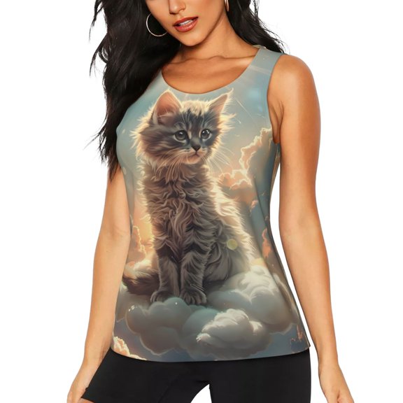 Fotbe Sunshine Cloud Kitten Womens Loose Fit Casual Flowy Slim-Fit Tank Tops Athletic Round Neck Trendy Sleeveless Summer Tops for Gym and Yoga-X-Large