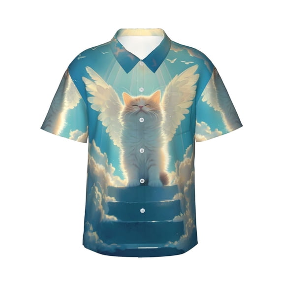 Fotbe Sunshine Cute Winged Cat Hawaiian Shirt for Men Unisex Summer Beach Casual Short Sleeve Cotton Linen Button Down Shirts-3X-Large