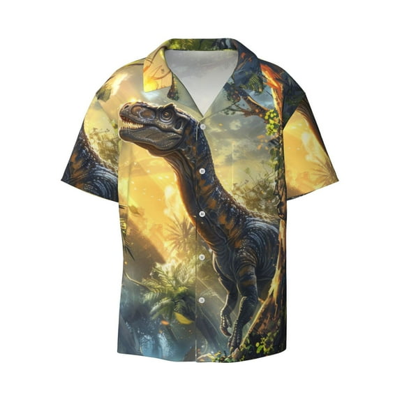 Fotbe Sunshine Jungle Dinosaur print Short Sleeve Button Down Shirts for Men Casual Summer Beach Wrinkle Free Shirt-Medium