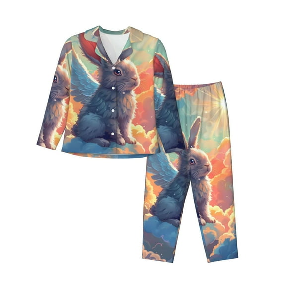 Fotbe Sunshine Winged Rabbit Pattern Long Sleeve Pajama Set for Women,Sleepwear Set,2-piece Loungewear Set,Soft PJs Comfy Nightwear with Pockets -