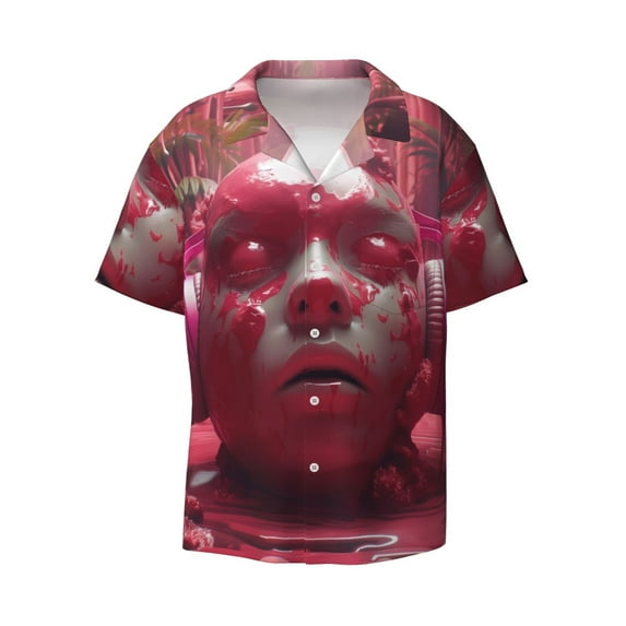Fotbe Surreal Pink Headphones print Short Sleeve Button Down Shirts for Men Casual Summer Beach Wrinkle Free Shirt-4X-Large