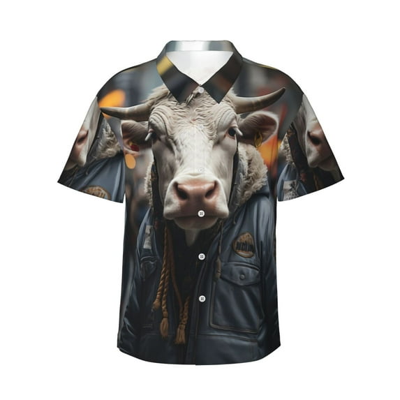 Fotbe Surrealist Cow Hawaiian Shirt for Men Unisex Summer Beach Casual Short Sleeve Cotton Linen Button Down Shirts-XX-Large