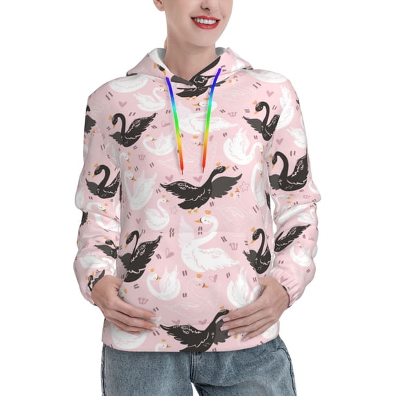 Fotbe Swan And Flowers2 Pattern Womens Long Sleeve Hoodie, Pullover Hooded Sweatshirt, Kangaroo Pocket Hoodie with Eye-catching Drawstrings-Medium