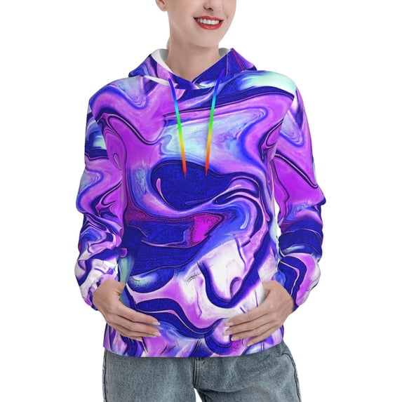 Fotbe Swirl Print Blue Purple1 Pattern Womens Long Sleeve Hoodie, Pullover Hooded Sweatshirt, Kangaroo Pocket Hoodie with Eye-catching Drawstrings-