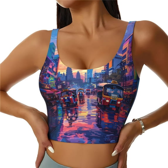 Fotbe Taxi Colorful Town Pattern Womens' Sports Bra Longline Wirefree Padded with Medium Support Sports Moisture-Wicking Workou Vest,Tank Top-X-Large