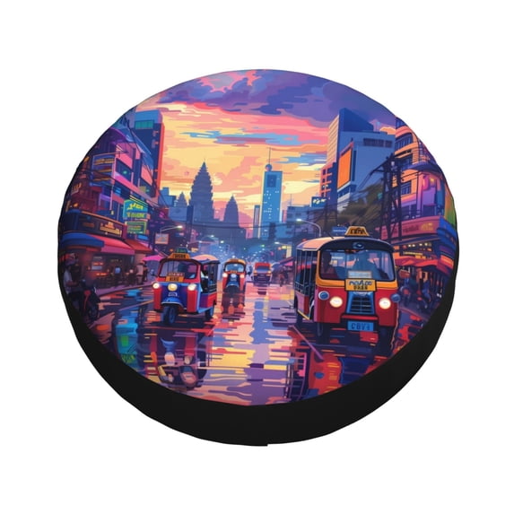 Fotbe Taxi Colorful Town Spare Tire Cover Thickening Universal Fit for Jeep, Trailer, RV, SUV, Truck, Tough Tire Wheel Soft Cover-15 inch