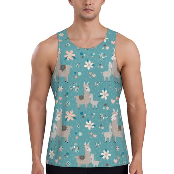 Fotbe Teal Mama Llama Pattern Men's Quick Dry Workout Tank Top Gym Muscle Tee Fitness Bodybuilding Sleeveless T Shirt Breathable Workout Shirt-X-Large