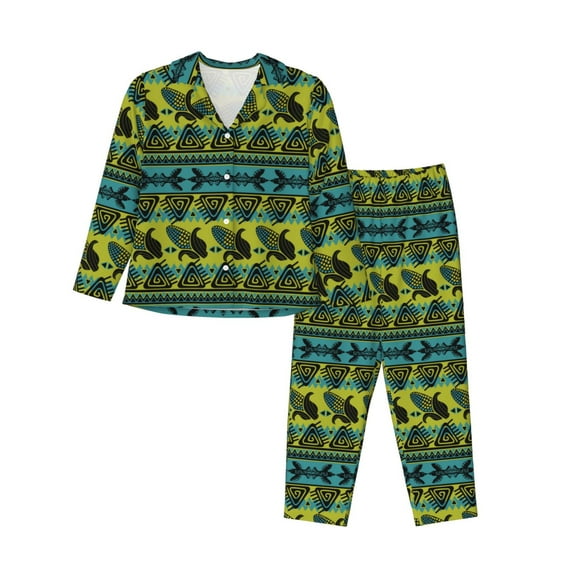 Fotbe Teal Vintage Corn Pattern Pattern Long Sleeve Pajama Set for Women,Sleepwear Set,2-piece Loungewear Set,Soft PJs Comfy Nightwear with Pockets -Medium