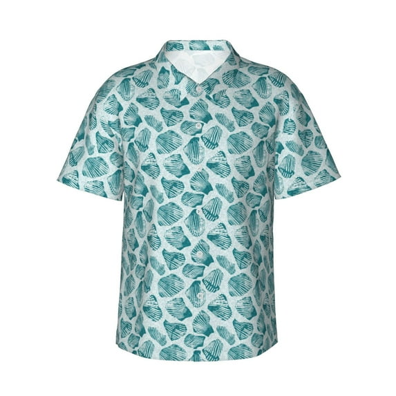Fotbe Teal turquoise shell Pattern Hawaiian Shirt for Men Unisex Summer Beach Casual Short Sleeve Cotton Linen Button Down Shirts,Medium