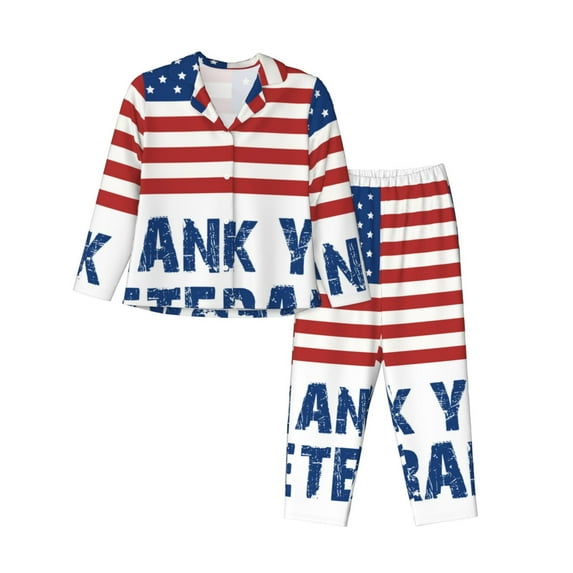 Fotbe Thank You Veterans Pattern Long Sleeve Pajama Set for Women,Sleepwear Set,2-piece Loungewear Set,Soft PJs Comfy Nightwear with Pockets -Large