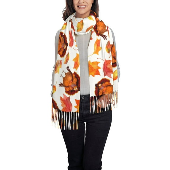 Fotbe Thanksgiving Turkey Leaves Print Womens Fall Winter Scarf Tassel Soft Warm Blanket Scarves Womens Shawl Wraps