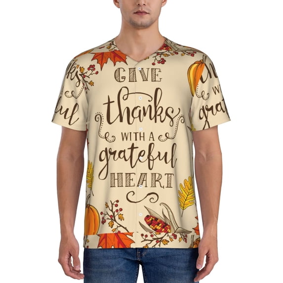 Fotbe Thanksgiving With A Grateful Heart Baseball Jersey Shirt for Men and Women, Casual Short Sleeves Button Down T-Shirt-X-Large