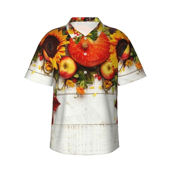 Fotbe Thanksgiving With Autumn Hawaiian Shirt For Men Unisex Summer Beach Casual Short Sleeve Cotton Linen Button Down Shirts-Large