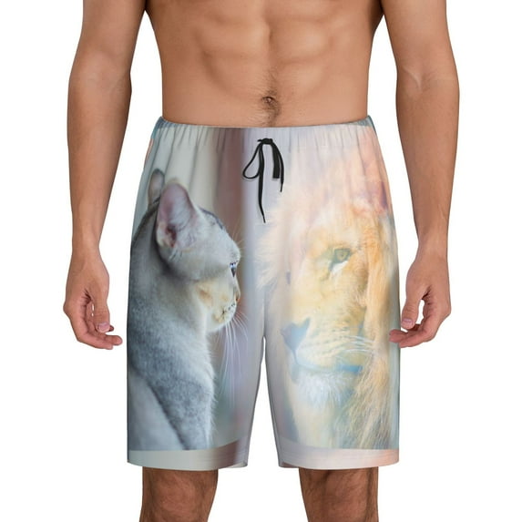 Fotbe The Cat Looks in the Mirror Pajama Shorts for Men, Men's Pajama Bottoms, Sleepwear,Short Pajama Pants-X-Large