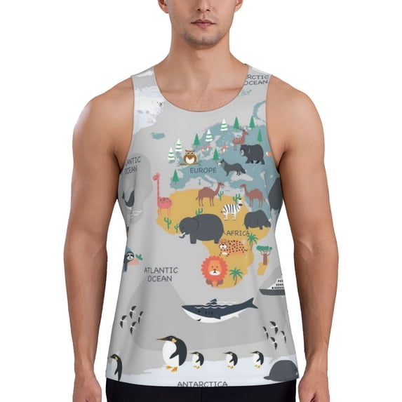 Fotbe The World Map with Cartoon Animals Pattern Men's Quick Dry Workout Tank Top Gym Muscle Tee Fitness Bodybuilding Sleeveless T Shirt Breathable Workout Shirt-XX-Large
