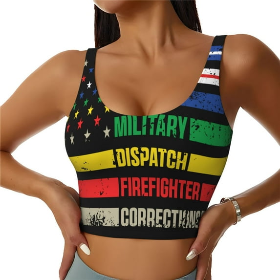 Fotbe Thin Green Line With USA Flag Pattern Womens' Sports Bra Longline Wirefree Padded with Medium Support Sports Moisture-Wicking Workou Vest,Tank Top-Large