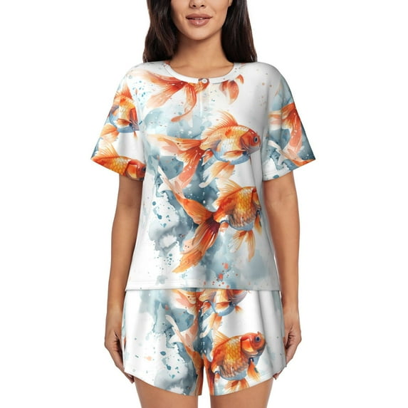 Fotbe Three Goldfish Watercolor Splash Print Pajama Set for Women 2 Piece Loungewear Short Sleeve Tops and Shorts Set Soft Sleepwear-X-Large