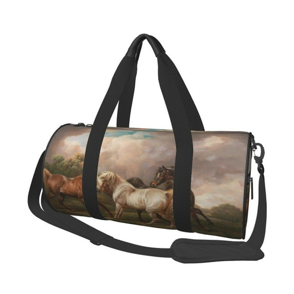 Fotbe Three Horses Oil Painting Pattern Foldable Sports Gym Bag with Wet Dry Pocket, Ultralight Travel Bag, Large Capacity Duffel Bag, Splash Proof Carry on Bag, Overnight Bag, Weekender Bag